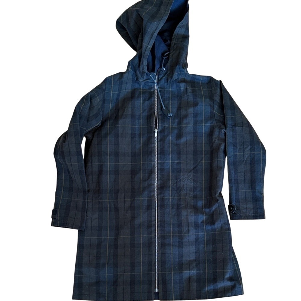 Makie Clothier Kids Plaid Hooded Zip Up Coat Navy Green 10Y Made in USA